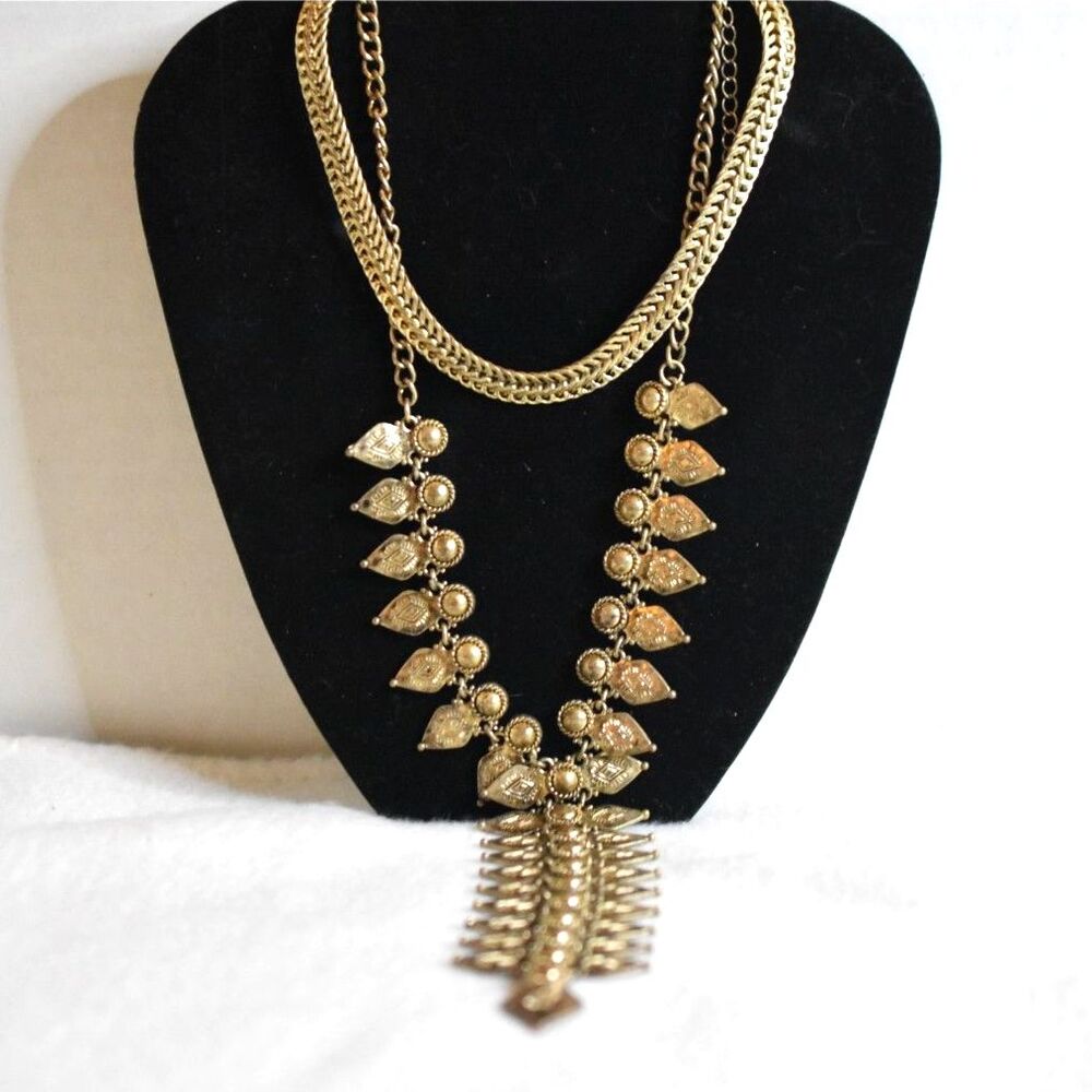 Vintage Egyptian Boho Statement Gold Tone Engraved 28"-36" (WT Macy's)  Necklace